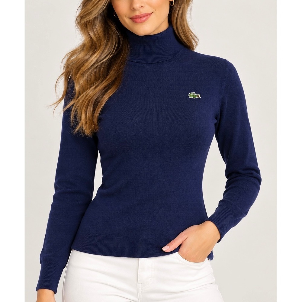 Lacoste Womens Navy Blue Cotton Long Sleeve Turtleneck Sweater Logo Top